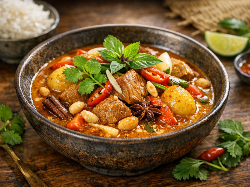 Hochwertig angerichtetes Thai-Gericht, das Peters Kochkunst symbolisiert.