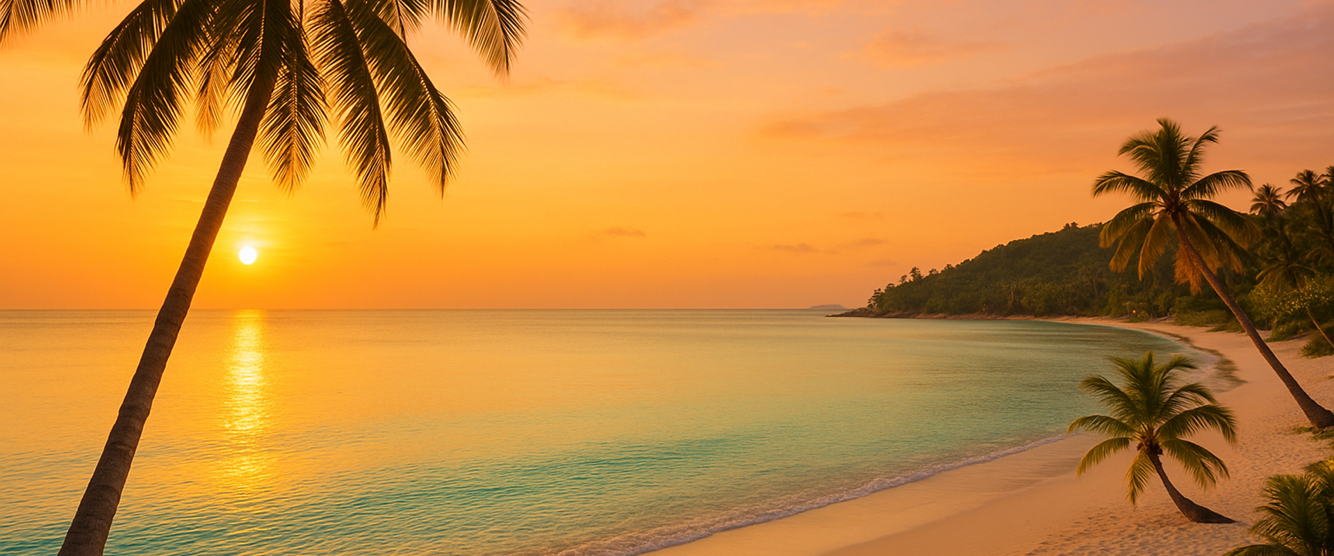 Tropischer Strand mit Palmen bei Sonnenuntergang