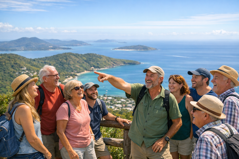 Peter mit einer kleinen, glücklichen Reisegruppe auf Koh Samui.